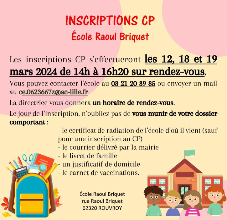 École Raoul Briquet : les inscriptions pour l'année scolaire 2024-2025 se dérouleront les 12, 18 et 19 mars de 14h à 16h20, sur rendez-vous au 03.21.20.39.85