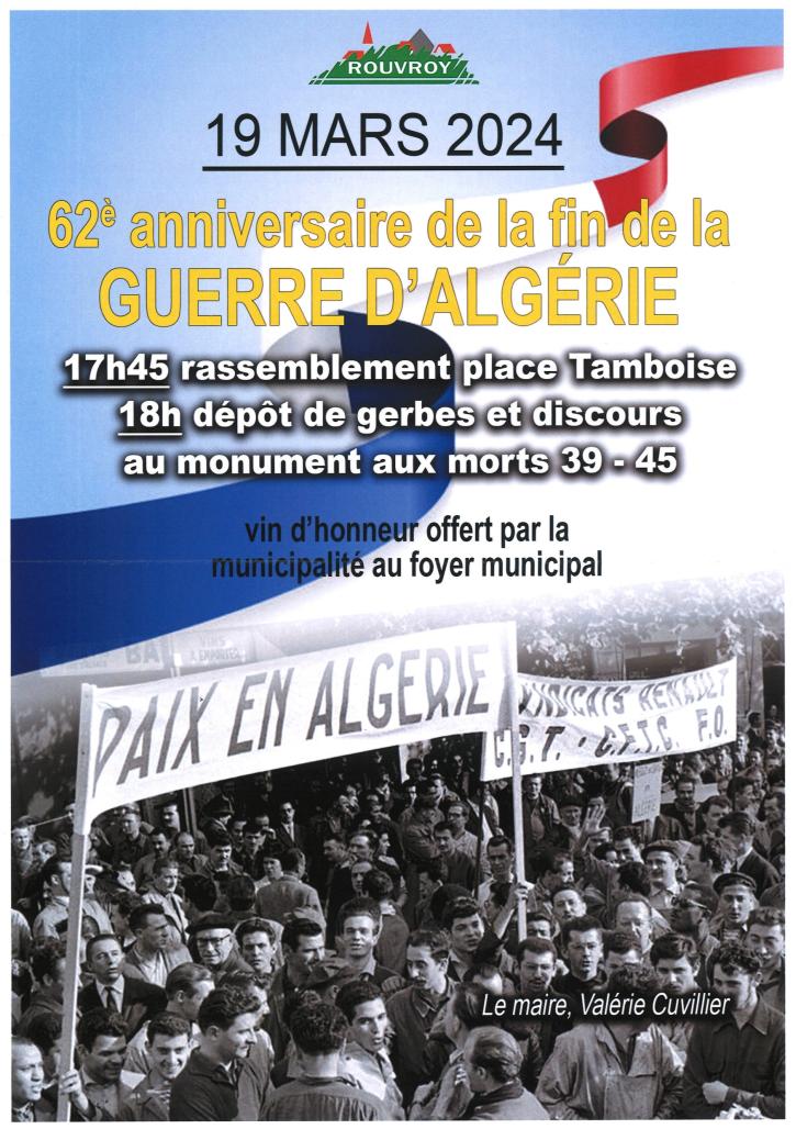 Commémoration pour le 62e anniversaire de la fin de la guerre d’Algérie : Mardi 19 mars à 18h.  Rassemblement à 17h45, place Tamboise.