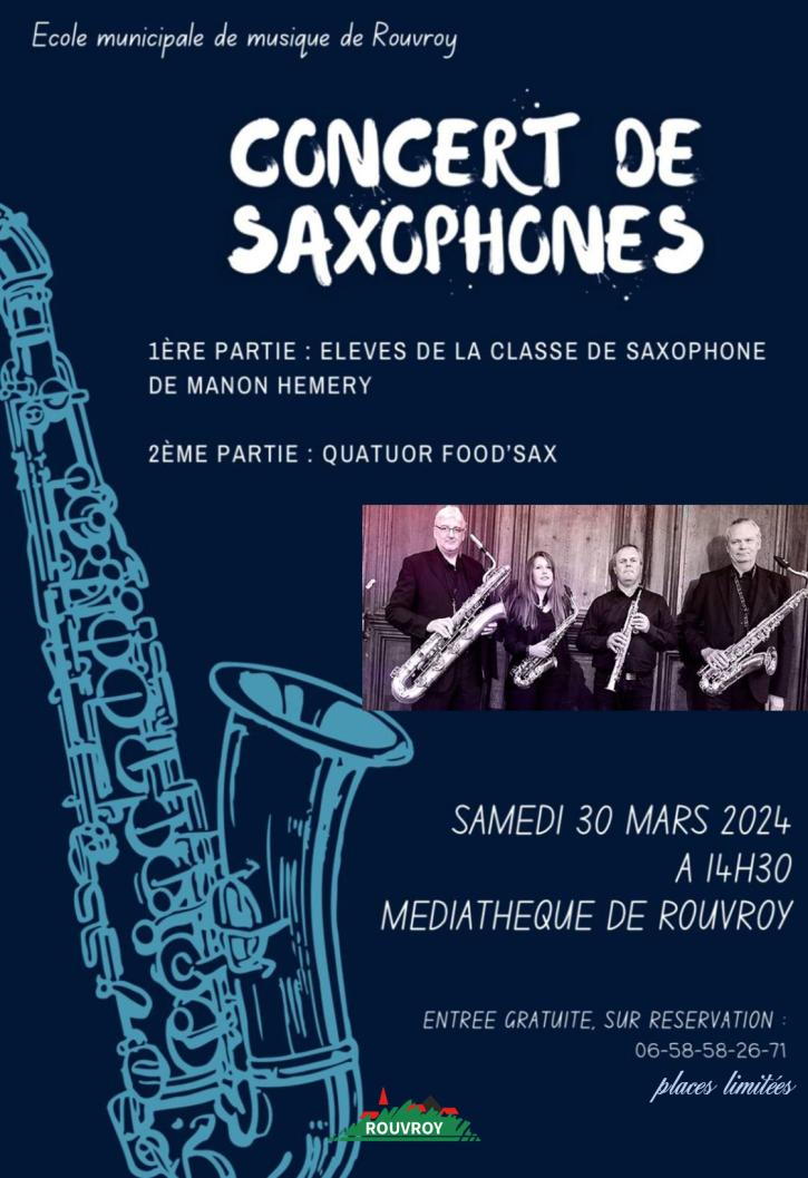 Concert de saxophones, organisé par l'École de musique, Samedi 30 mars à 14h30, à la médiathèque Jean Ferrat.